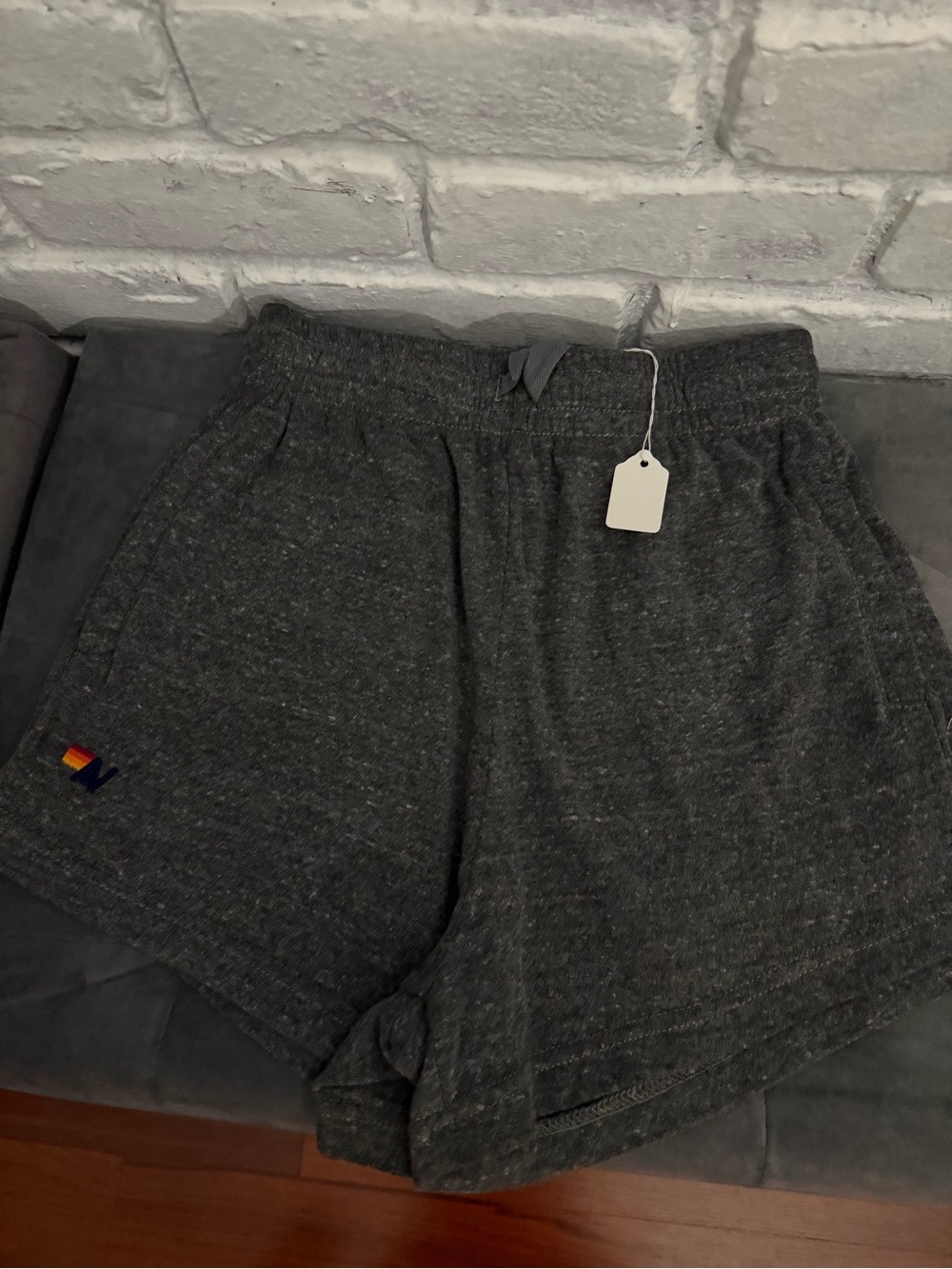 Aviator Nation Charcoal Gray Knit Athletic Shorts with Rainbow Logo